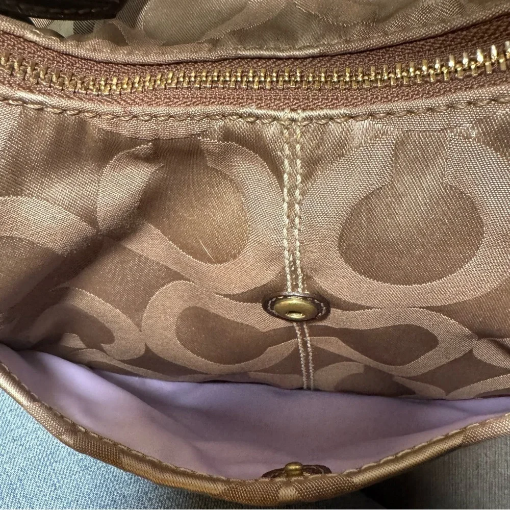 Coach Brown Signature One Shoulder Hobo Bag with bronze leather